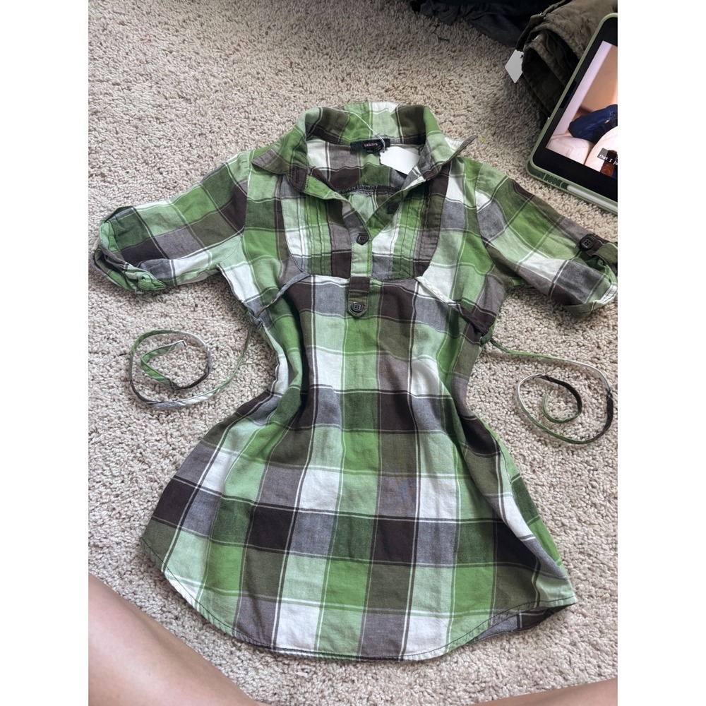 y2k playground prep Green Plaid Button Up Tunic Empire Waist Tie Back Roll Tab